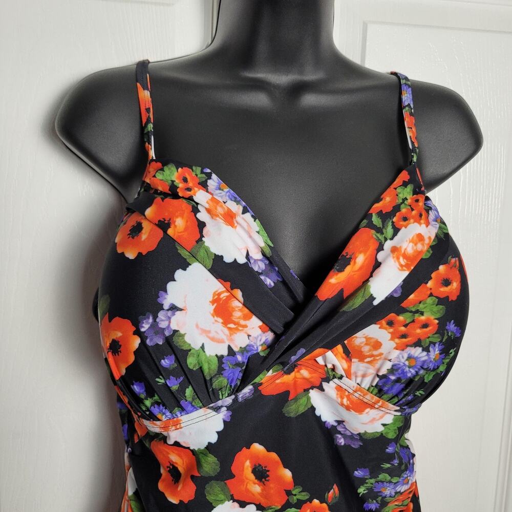 Hilor Swimsuit Womens 16 Black Floral One Piece Padded Adjustable Straps Ruched - Picture 2 of 12